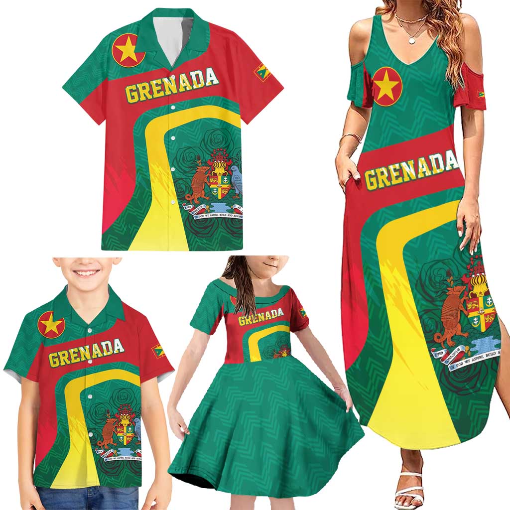 Personalised Grenada Family Matching Summer Maxi Dress and Hawaiian Shirt Coat Of Arms Unique Style