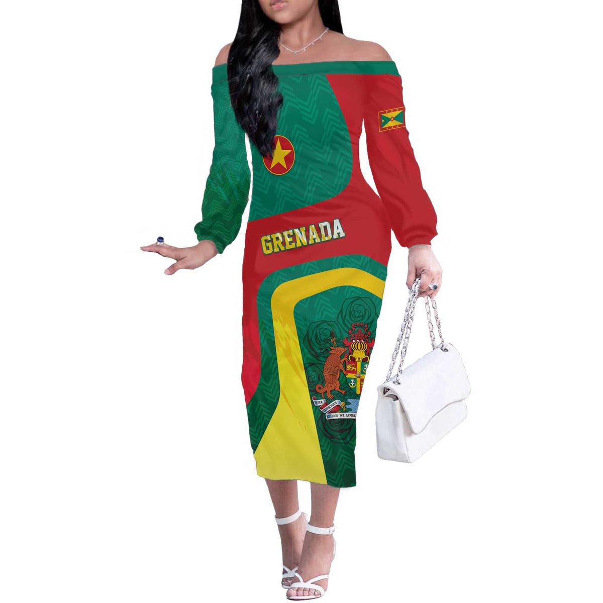Personalised Grenada Off The Shoulder Long Sleeve Dress Coat Of Arms Unique Style