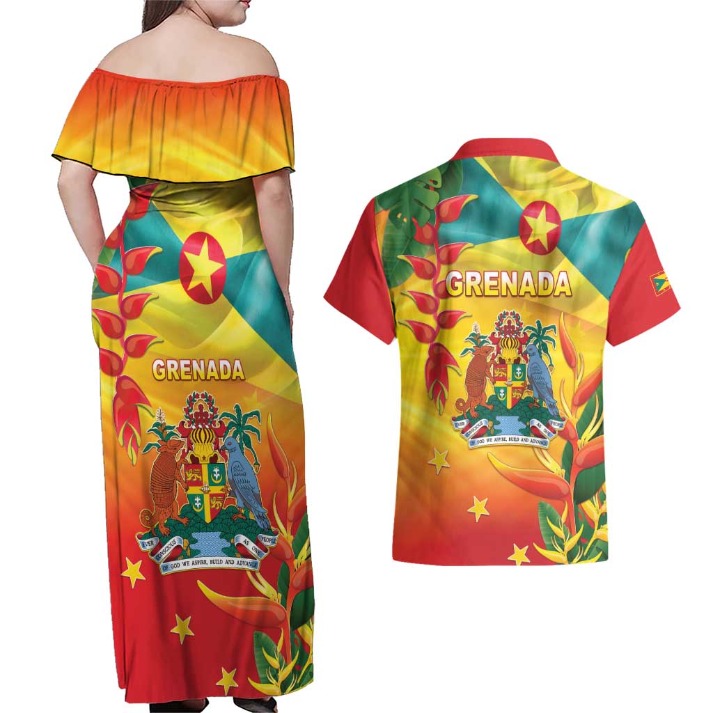Grenada Couples Matching Off Shoulder Maxi Dress and Hawaiian Shirt Gwenad Flag With Heliconia Lobster Claws