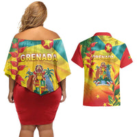 Grenada Couples Matching Off Shoulder Short Dress and Hawaiian Shirt Gwenad Flag With Heliconia Lobster Claws