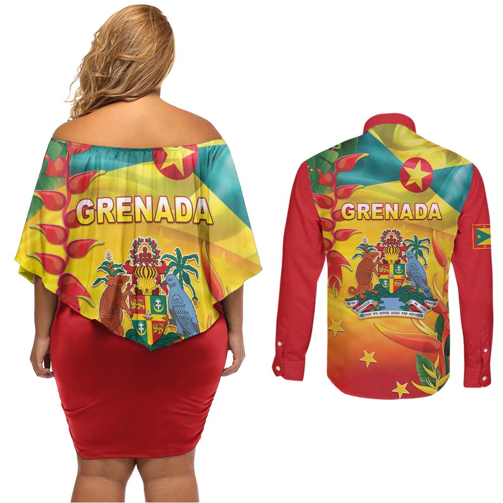Grenada Couples Matching Off Shoulder Short Dress and Long Sleeve Button Shirt Gwenad Flag With Heliconia Lobster Claws