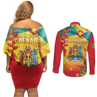 Grenada Couples Matching Off Shoulder Short Dress and Long Sleeve Button Shirt Gwenad Flag With Heliconia Lobster Claws