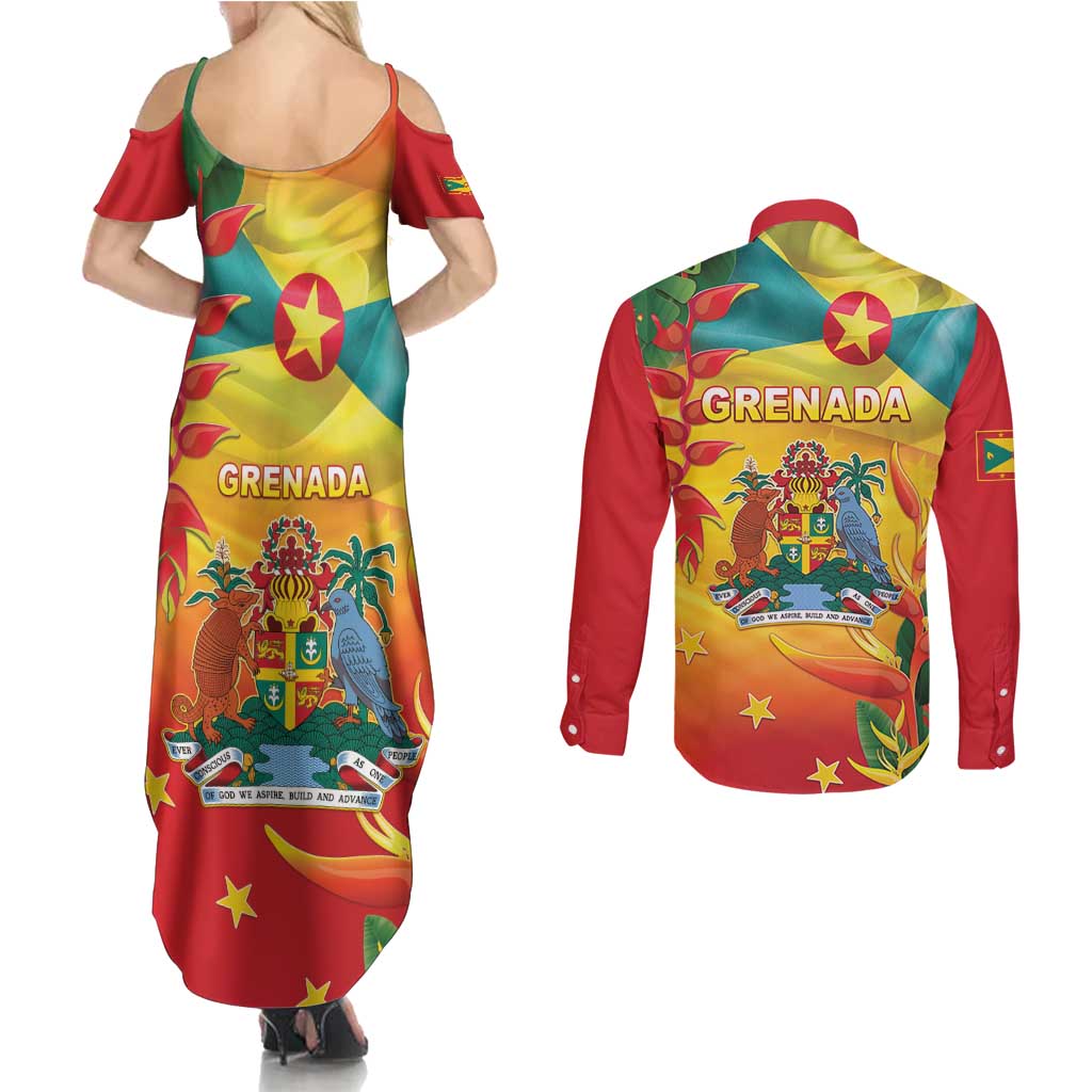 Grenada Couples Matching Summer Maxi Dress and Long Sleeve Button Shirt Gwenad Flag With Heliconia Lobster Claws
