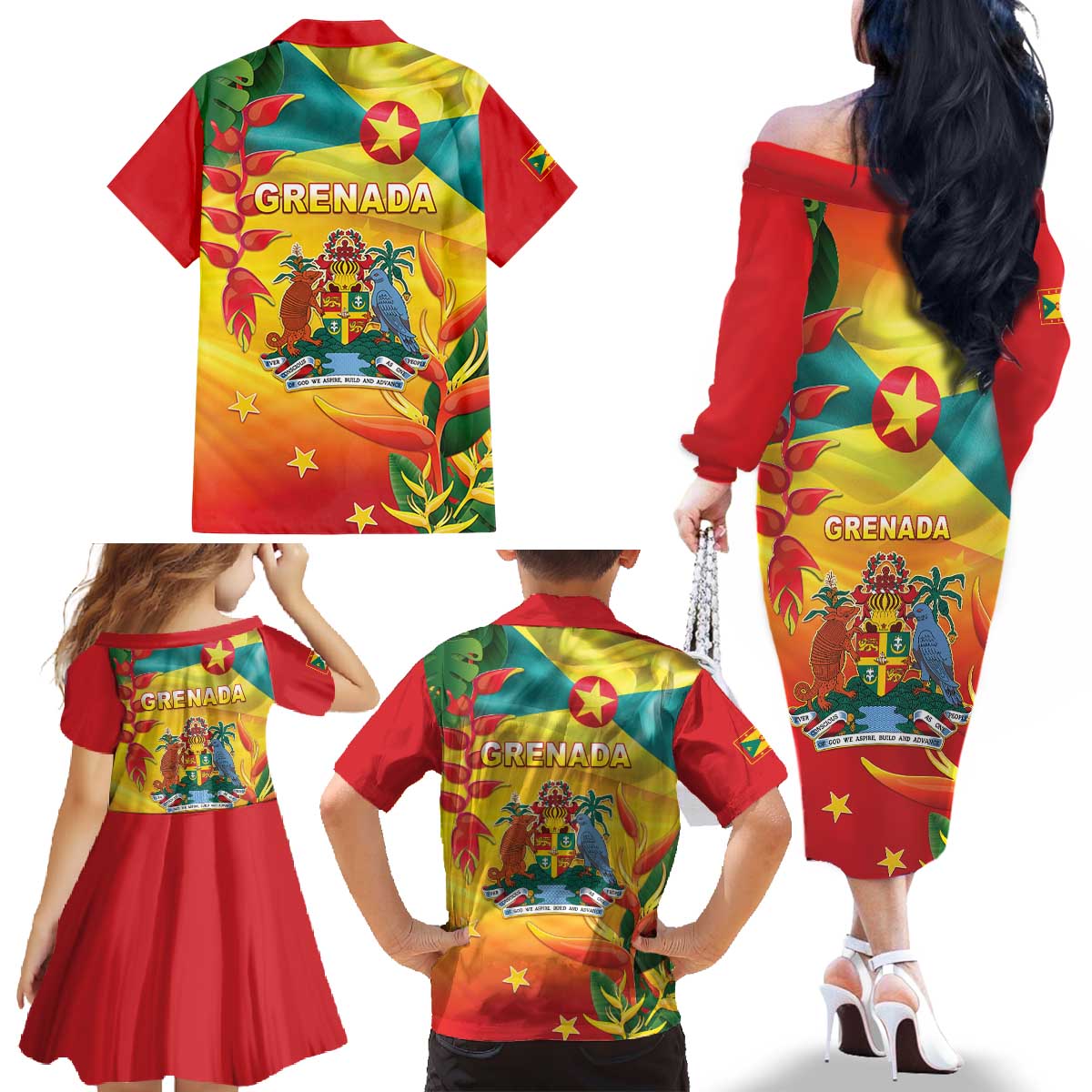 Grenada Family Matching Off The Shoulder Long Sleeve Dress and Hawaiian Shirt Gwenad Flag With Heliconia Lobster Claws