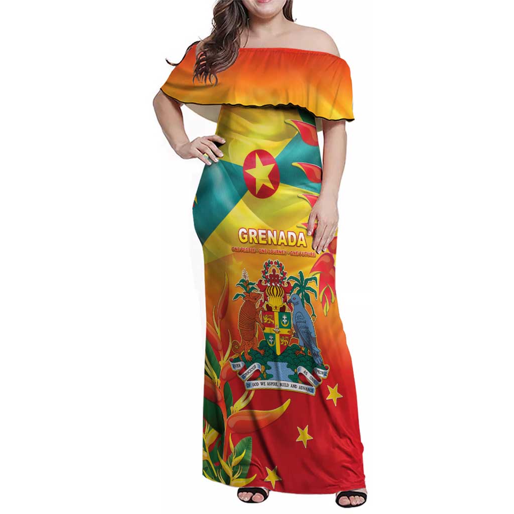 Grenada Family Matching Off Shoulder Maxi Dress and Hawaiian Shirt Gwenad Flag With Heliconia Lobster Claws