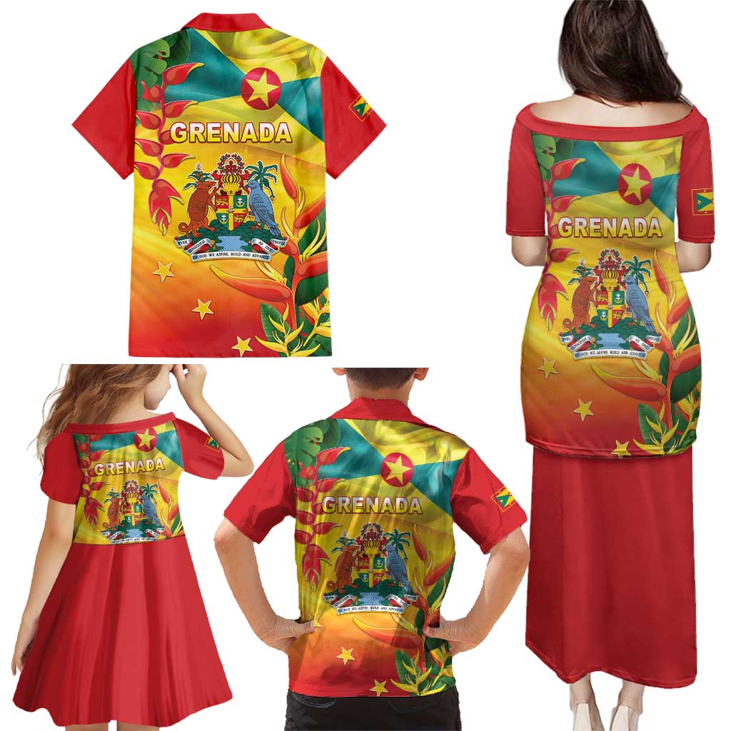 Grenada Family Matching Puletasi and Hawaiian Shirt Gwenad Flag With Heliconia Lobster Claws