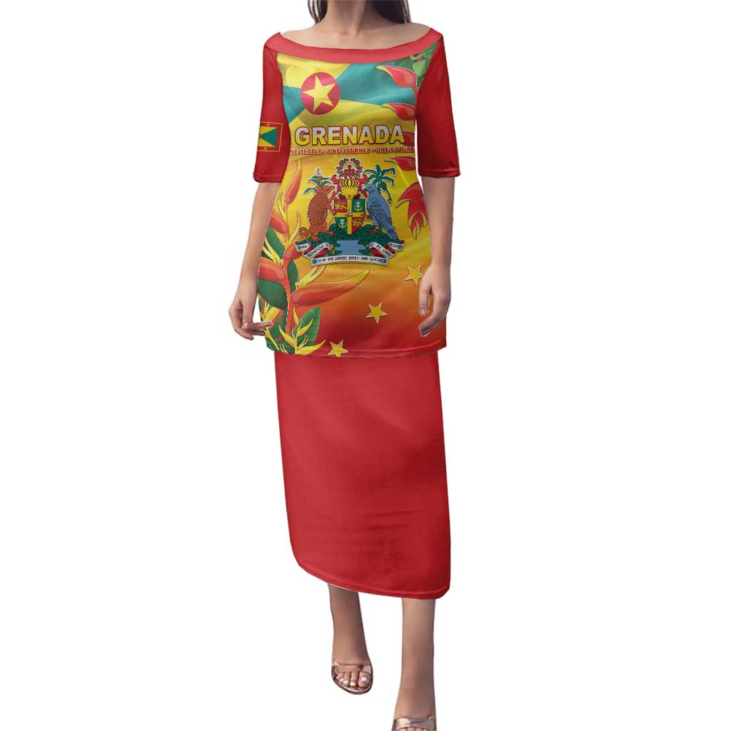 Grenada Family Matching Puletasi and Hawaiian Shirt Gwenad Flag With Heliconia Lobster Claws