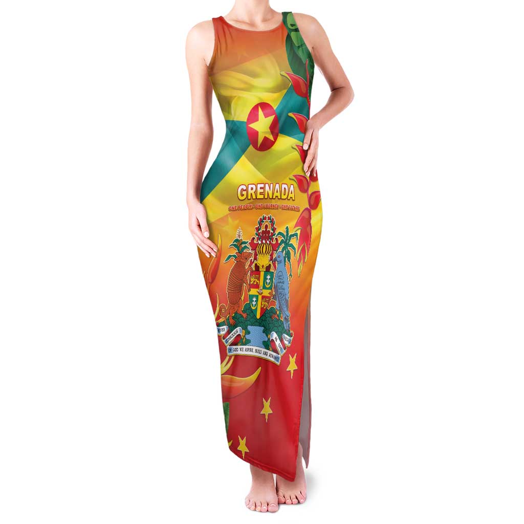 Grenada Family Matching Tank Maxi Dress and Hawaiian Shirt Gwenad Flag With Heliconia Lobster Claws