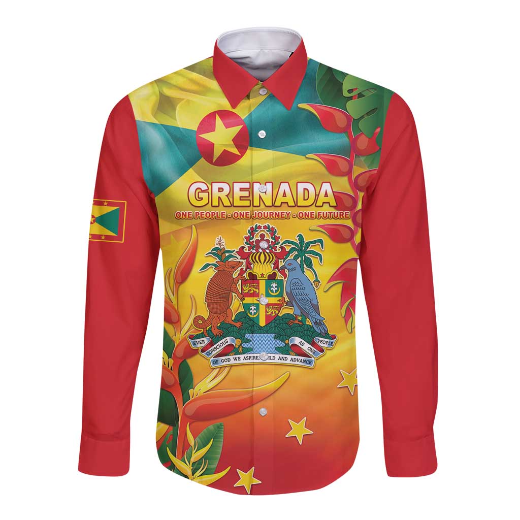 Grenada Long Sleeve Button Shirt Gwenad Flag With Heliconia Lobster Claws