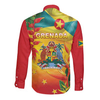 Grenada Long Sleeve Button Shirt Gwenad Flag With Heliconia Lobster Claws