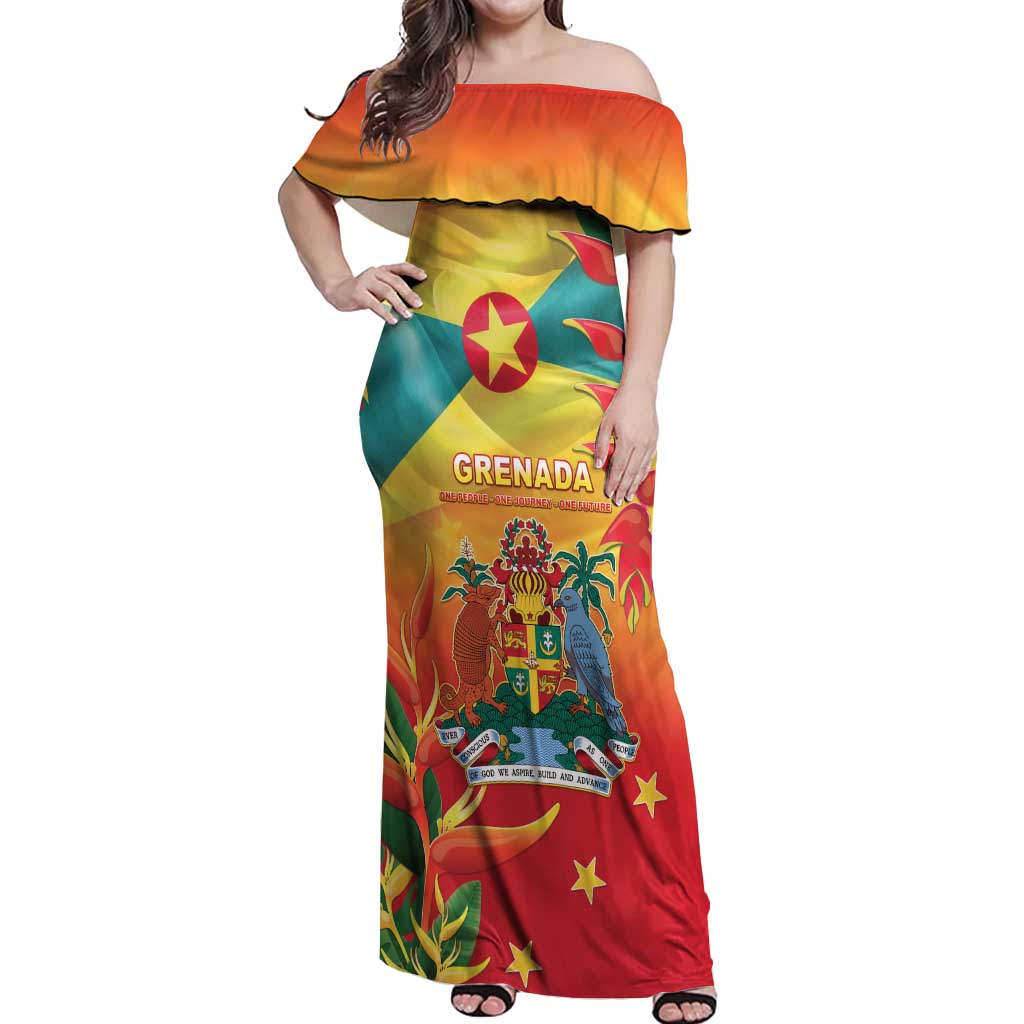 Grenada Off Shoulder Maxi Dress Gwenad Flag With Heliconia Lobster Claws
