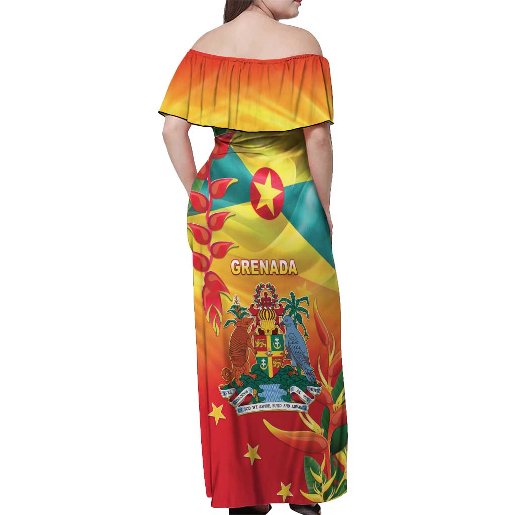 Grenada Off Shoulder Maxi Dress Gwenad Flag With Heliconia Lobster Claws