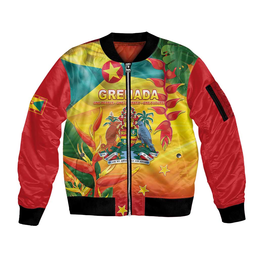 Grenada Sleeve Zip Bomber Jacket Gwenad Flag With Heliconia Lobster Claws