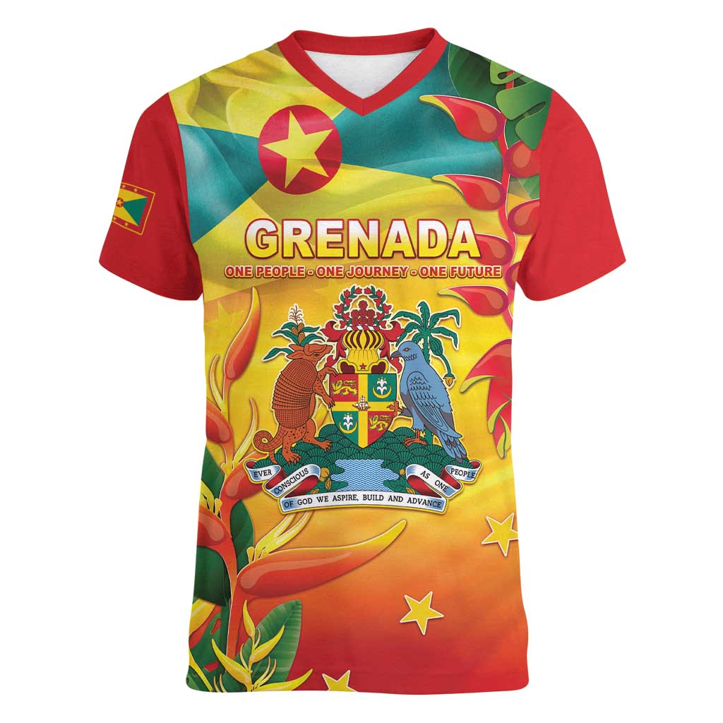 Grenada Women V-Neck T-Shirt Gwenad Flag With Heliconia Lobster Claws
