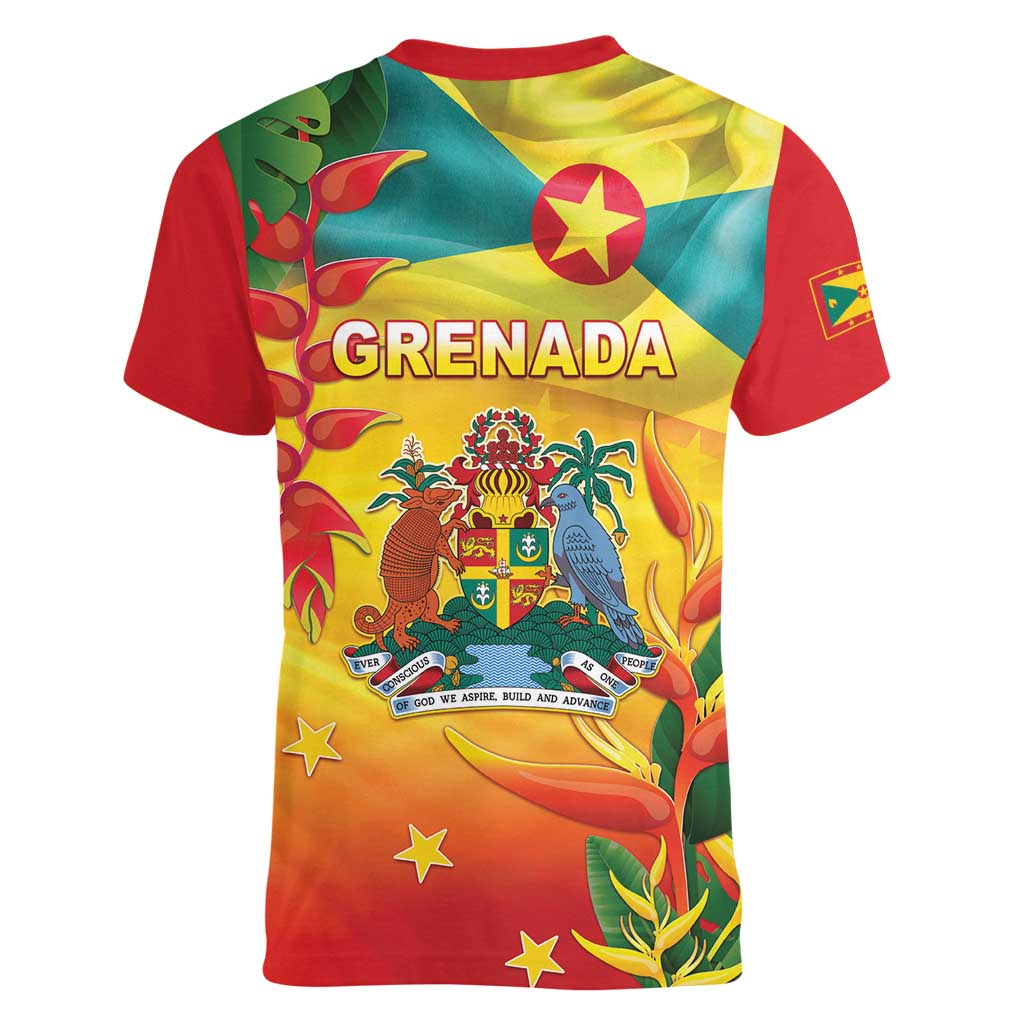 Grenada Women V-Neck T-Shirt Gwenad Flag With Heliconia Lobster Claws