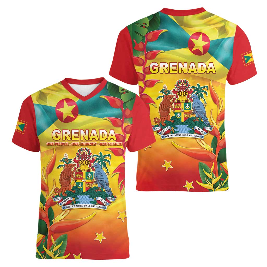 Grenada Women V-Neck T-Shirt Gwenad Flag With Heliconia Lobster Claws
