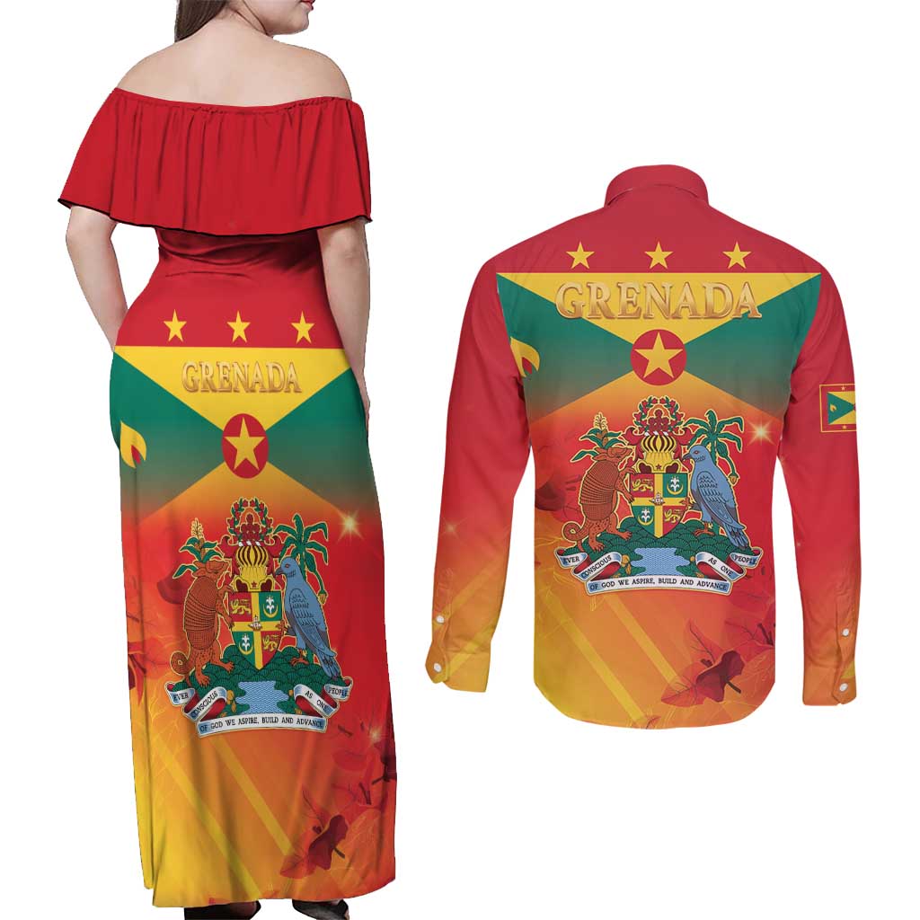 Happy 51st Independence Day Grenada Couples Matching Off Shoulder Maxi Dress and Long Sleeve Button Shirt One People One Journey One Future