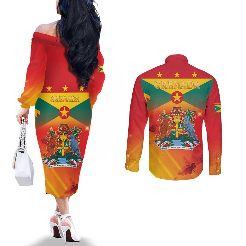 Happy 51st Independence Day Grenada Couples Matching Off The Shoulder Long Sleeve Dress and Long Sleeve Button Shirt One People One Journey One Future