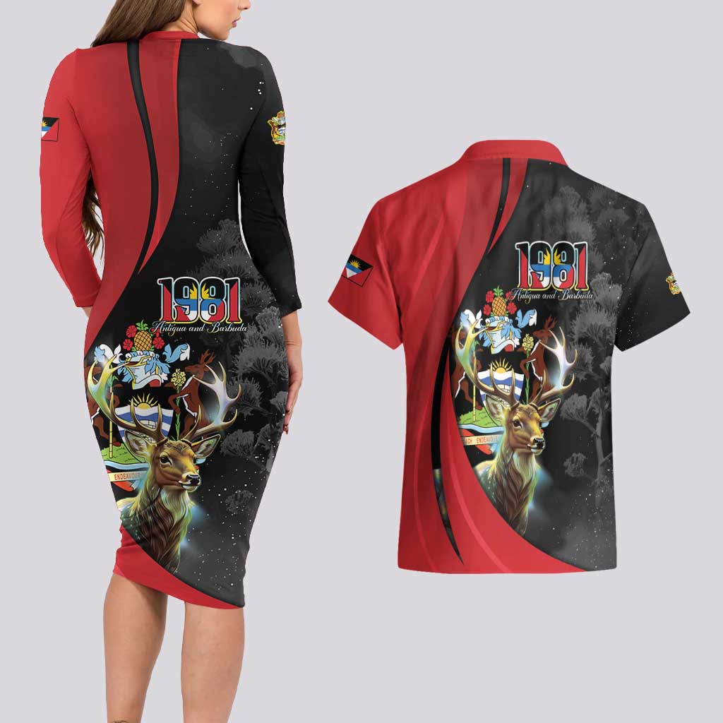 Antigua And Barbuda 1981 Couples Matching Long Sleeve Bodycon Dress and Hawaiian Shirt Happy Independence Day - Wonder Print Shop