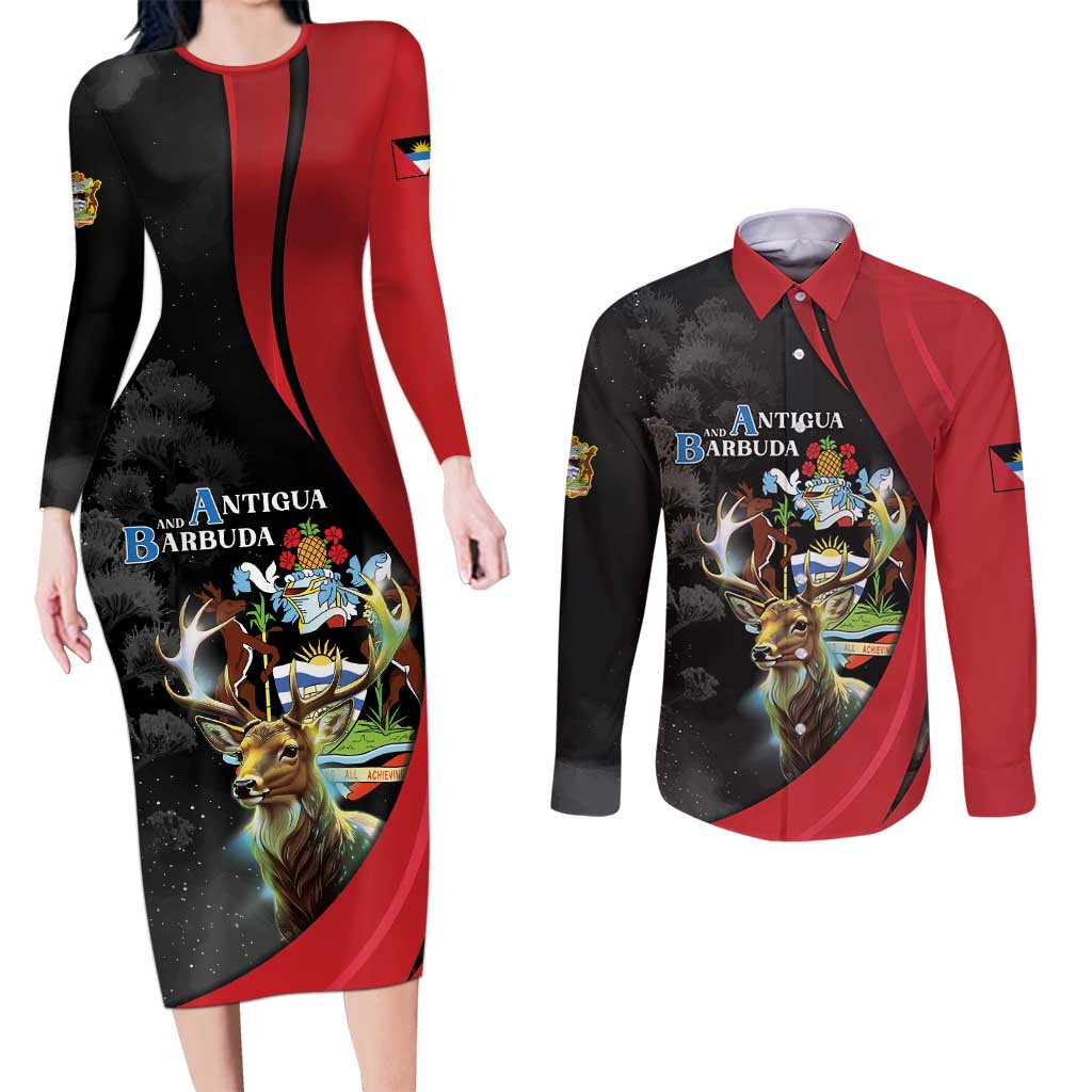 Antigua And Barbuda 1981 Couples Matching Long Sleeve Bodycon Dress and Long Sleeve Button Shirt Happy Independence Day - Wonder Print Shop