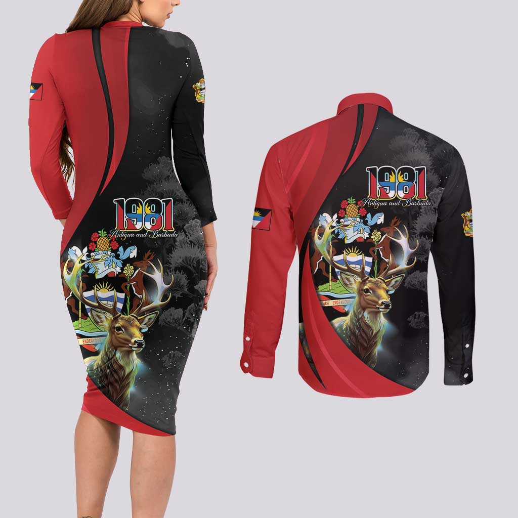 Antigua And Barbuda 1981 Couples Matching Long Sleeve Bodycon Dress and Long Sleeve Button Shirt Happy Independence Day - Wonder Print Shop