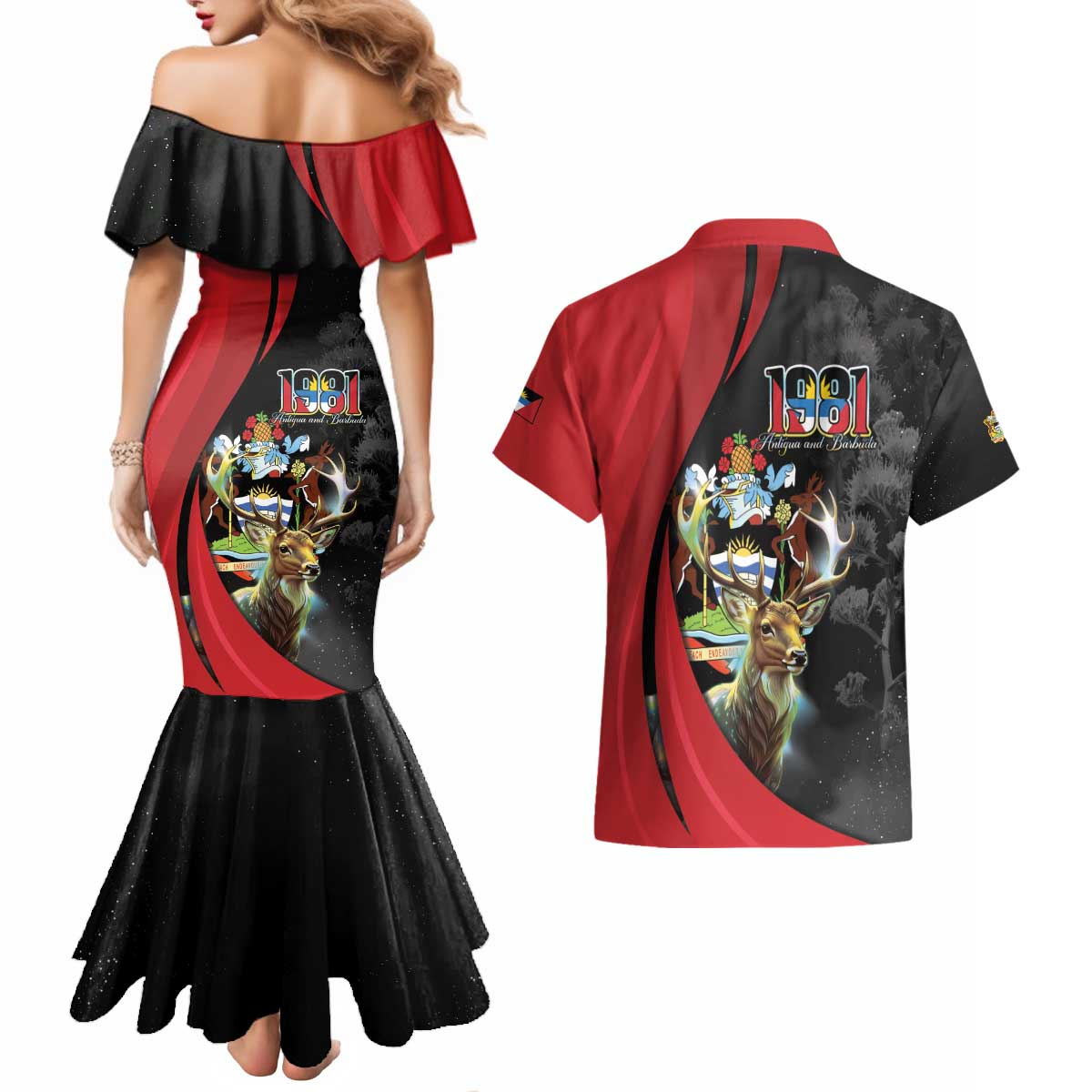 Antigua And Barbuda 1981 Couples Matching Mermaid Dress and Hawaiian Shirt Happy Independence Day - Wonder Print Shop