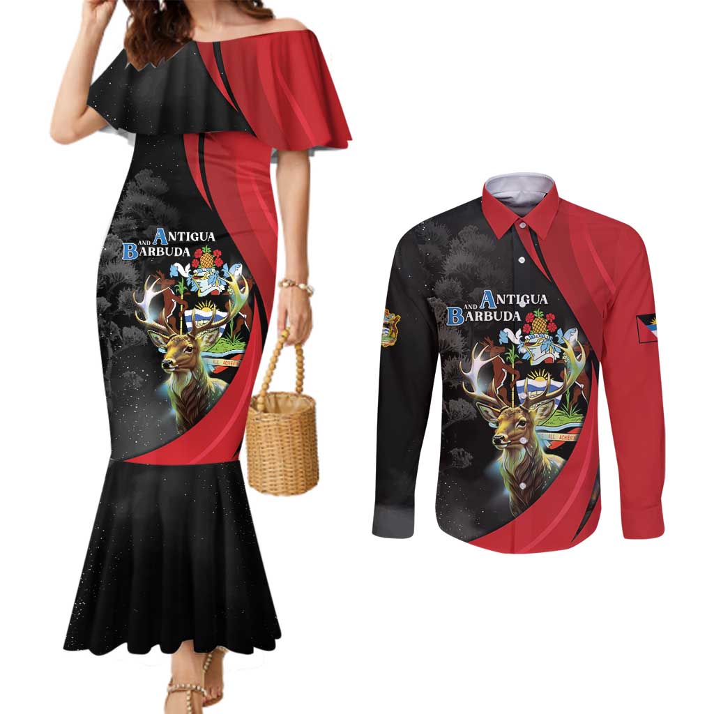 Antigua And Barbuda 1981 Couples Matching Mermaid Dress and Long Sleeve Button Shirt Happy Independence Day - Wonder Print Shop