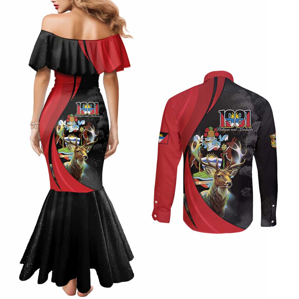 Antigua And Barbuda 1981 Couples Matching Mermaid Dress and Long Sleeve Button Shirt Happy Independence Day - Wonder Print Shop