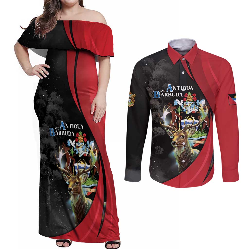 Antigua And Barbuda 1981 Couples Matching Off Shoulder Maxi Dress and Long Sleeve Button Shirt Happy Independence Day - Wonder Print Shop