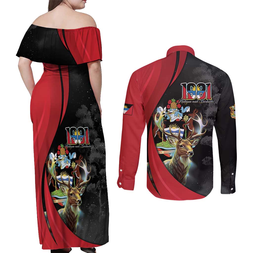 Antigua And Barbuda 1981 Couples Matching Off Shoulder Maxi Dress and Long Sleeve Button Shirt Happy Independence Day - Wonder Print Shop