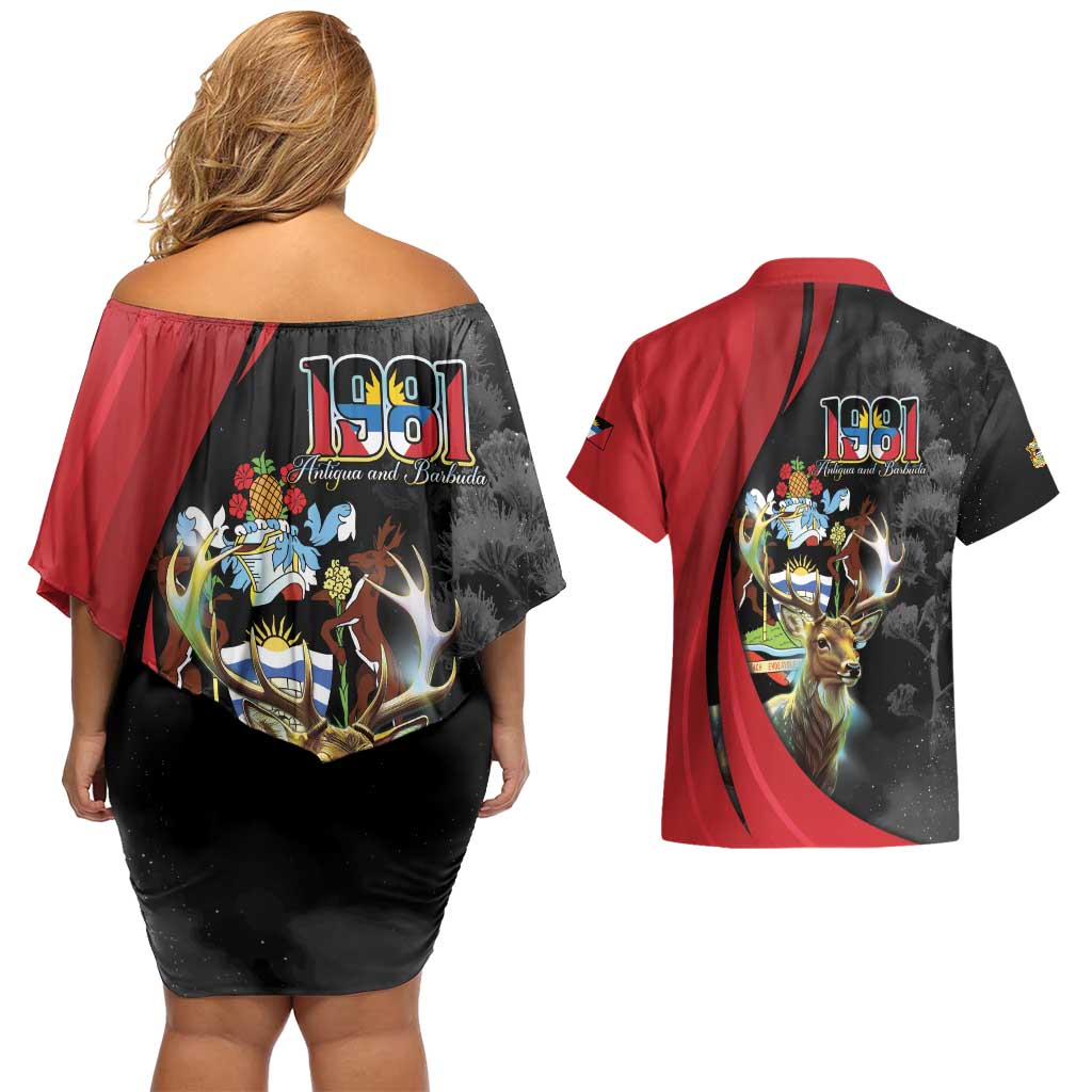 Antigua And Barbuda 1981 Couples Matching Off Shoulder Short Dress and Hawaiian Shirt Happy Independence Day - Wonder Print Shop