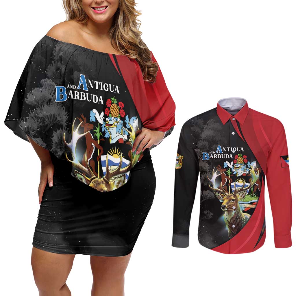 Antigua And Barbuda 1981 Couples Matching Off Shoulder Short Dress and Long Sleeve Button Shirt Happy Independence Day - Wonder Print Shop