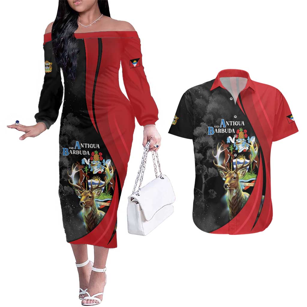 Antigua And Barbuda 1981 Couples Matching Off The Shoulder Long Sleeve Dress and Hawaiian Shirt Happy Independence Day - Wonder Print Shop