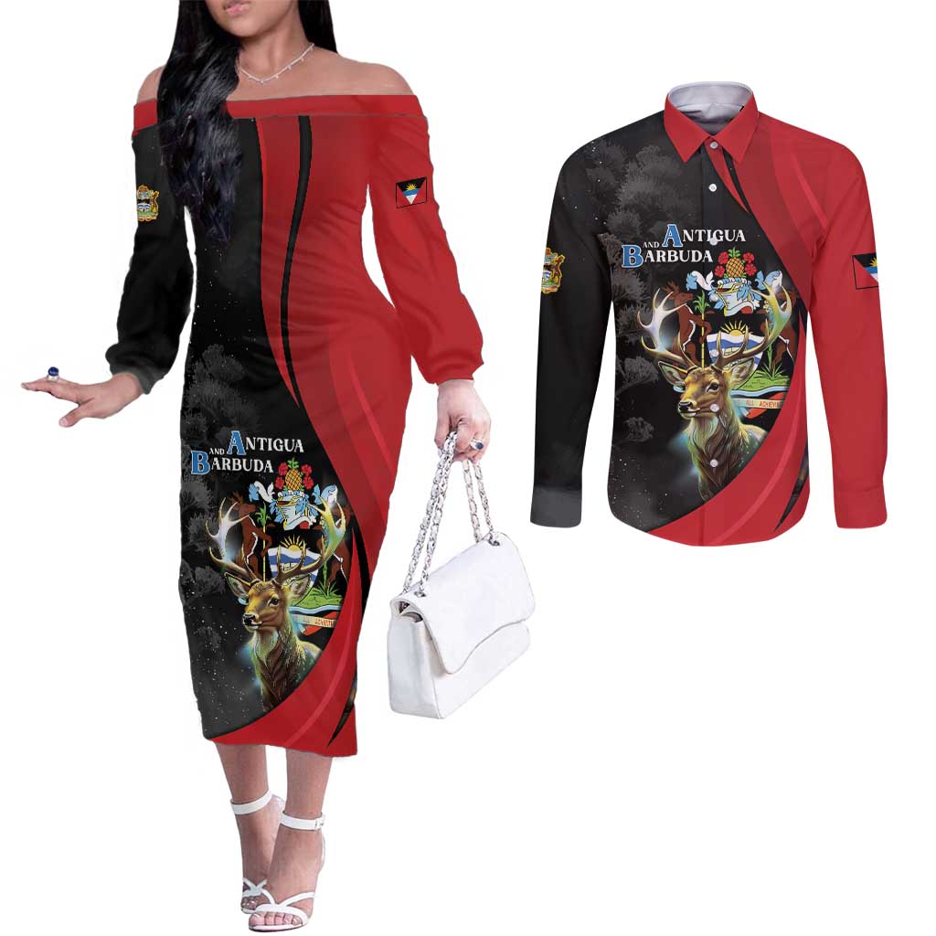 Antigua And Barbuda 1981 Couples Matching Off The Shoulder Long Sleeve Dress and Long Sleeve Button Shirt Happy Independence Day - Wonder Print Shop