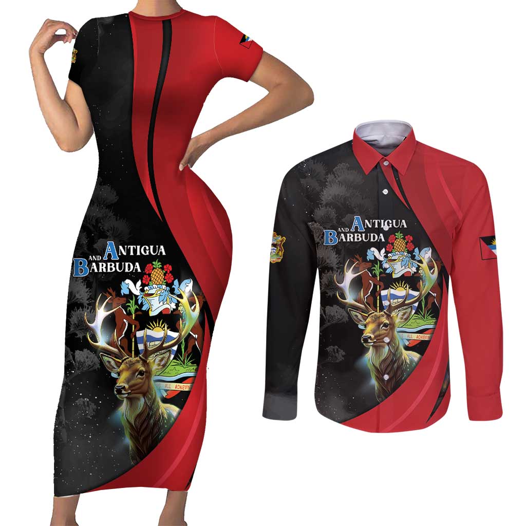 Antigua And Barbuda 1981 Couples Matching Short Sleeve Bodycon Dress and Long Sleeve Button Shirt Happy Independence Day - Wonder Print Shop