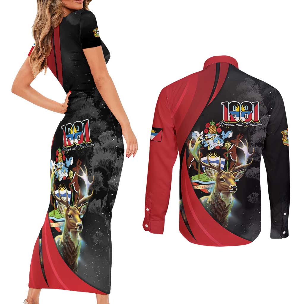 Antigua And Barbuda 1981 Couples Matching Short Sleeve Bodycon Dress and Long Sleeve Button Shirt Happy Independence Day - Wonder Print Shop