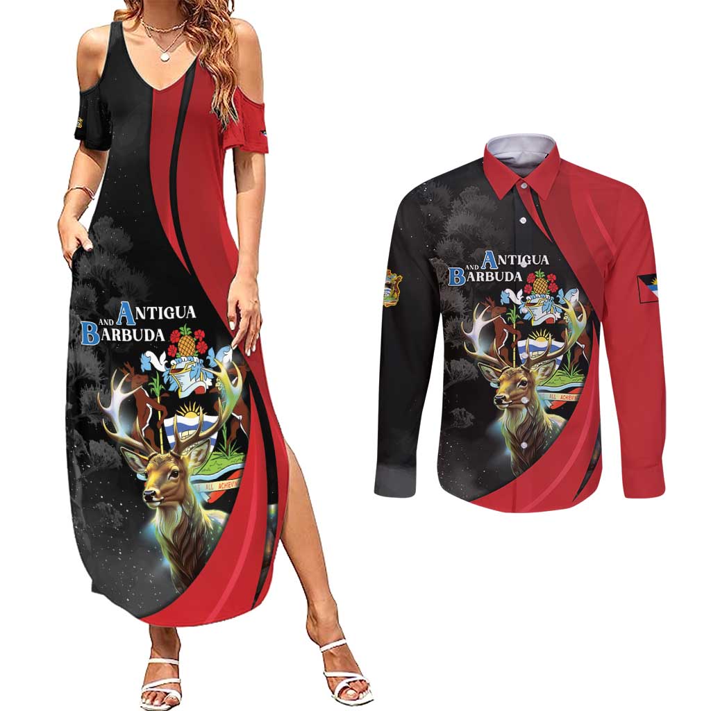 Antigua And Barbuda 1981 Couples Matching Summer Maxi Dress and Long Sleeve Button Shirt Happy Independence Day - Wonder Print Shop
