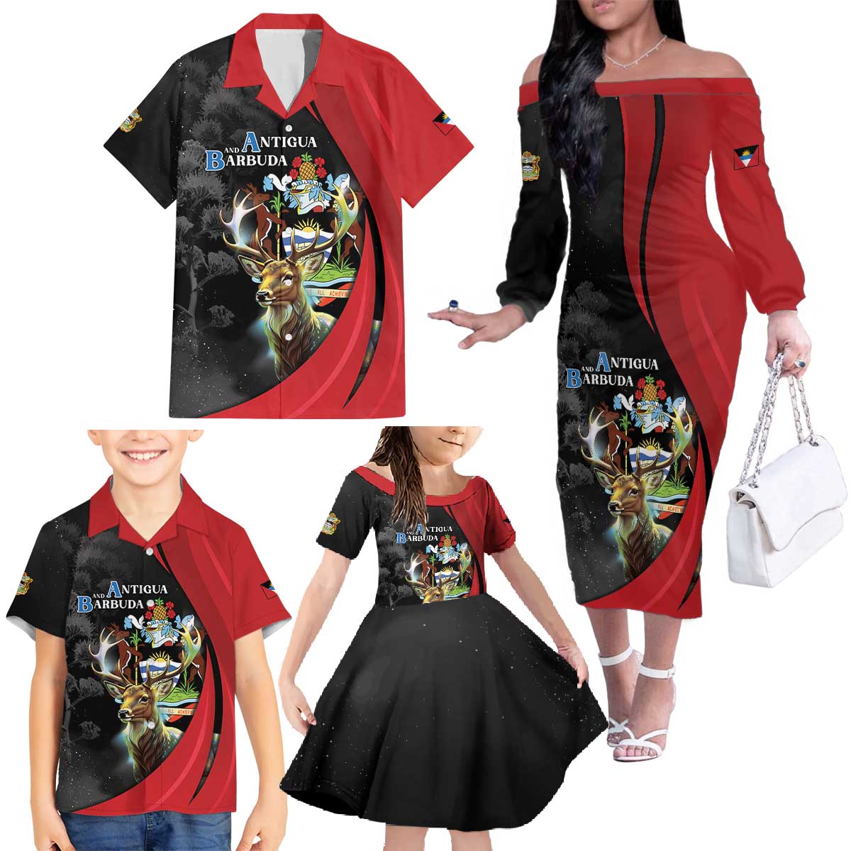 Antigua And Barbuda 1981 Family Matching Off The Shoulder Long Sleeve Dress and Hawaiian Shirt Happy Independence Day - Wonder Print Shop