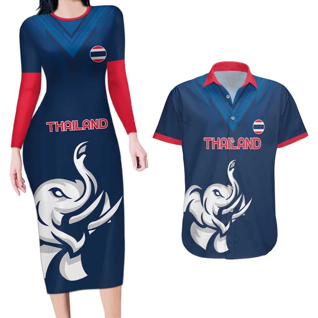 Custom Thailand Football Couples Matching Long Sleeve Bodycon Dress and Hawaiian Shirt Go Champions - Wonder Print Shop