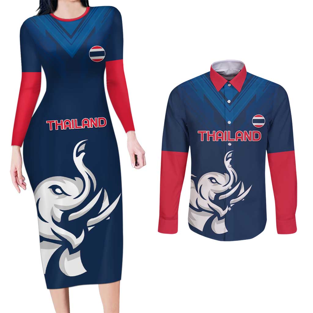 Custom Thailand Football Couples Matching Long Sleeve Bodycon Dress and Long Sleeve Button Shirt Go Champions - Wonder Print Shop