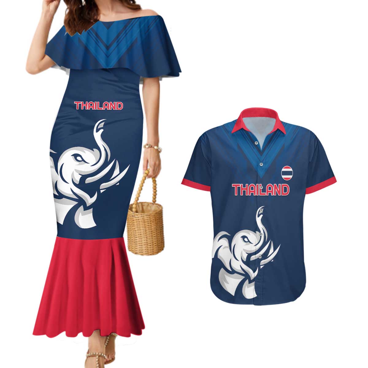 Custom Thailand Football Couples Matching Mermaid Dress and Hawaiian Shirt Go Champions - Wonder Print Shop
