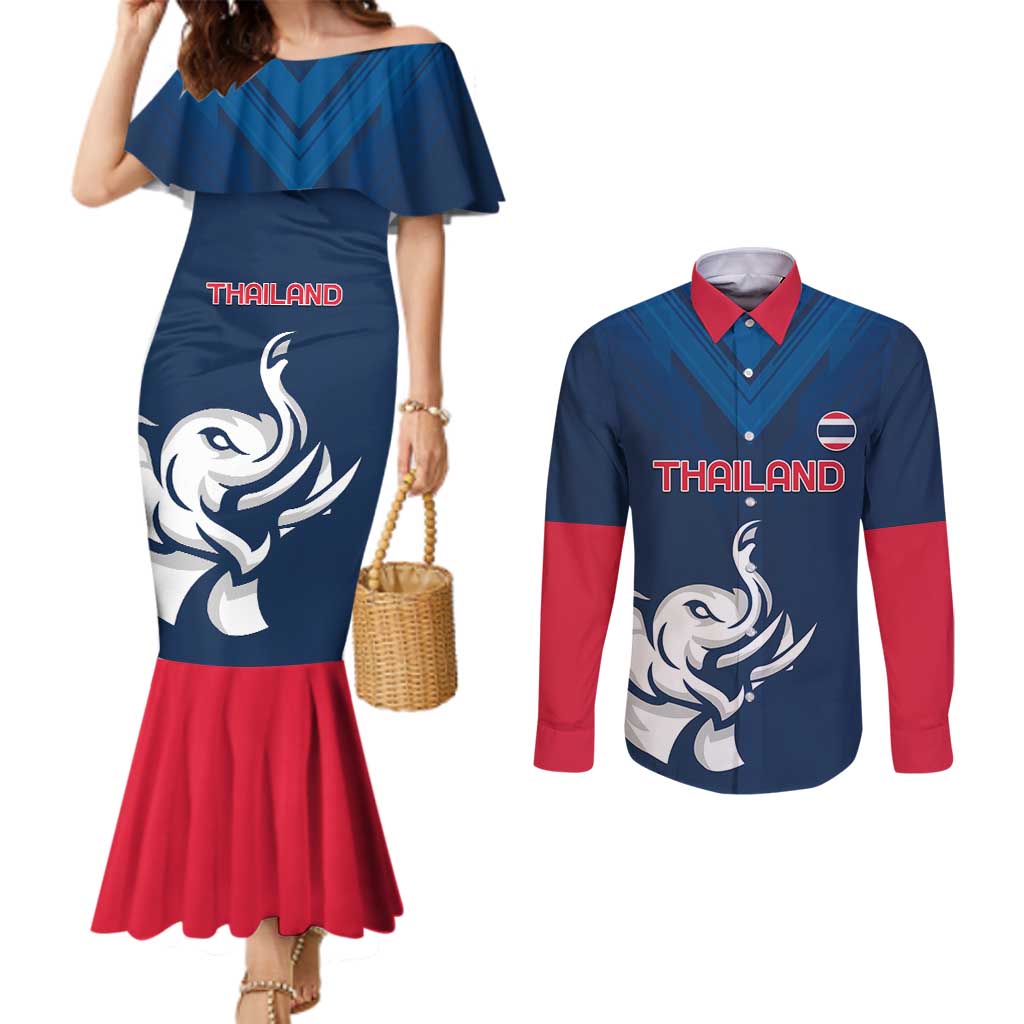 Custom Thailand Football Couples Matching Mermaid Dress and Long Sleeve Button Shirt Go Champions - Wonder Print Shop