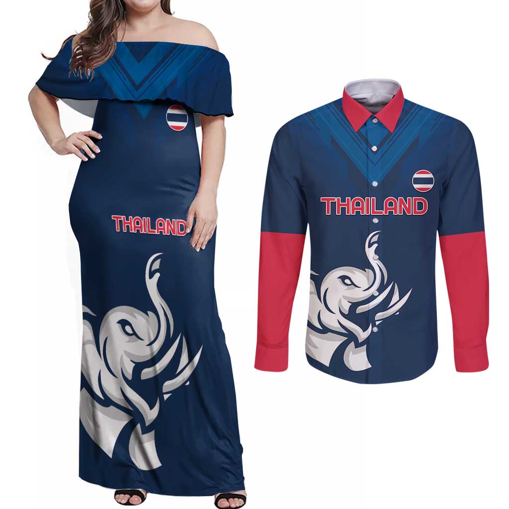 Custom Thailand Football Couples Matching Off Shoulder Maxi Dress and Long Sleeve Button Shirt Go Champions - Wonder Print Shop