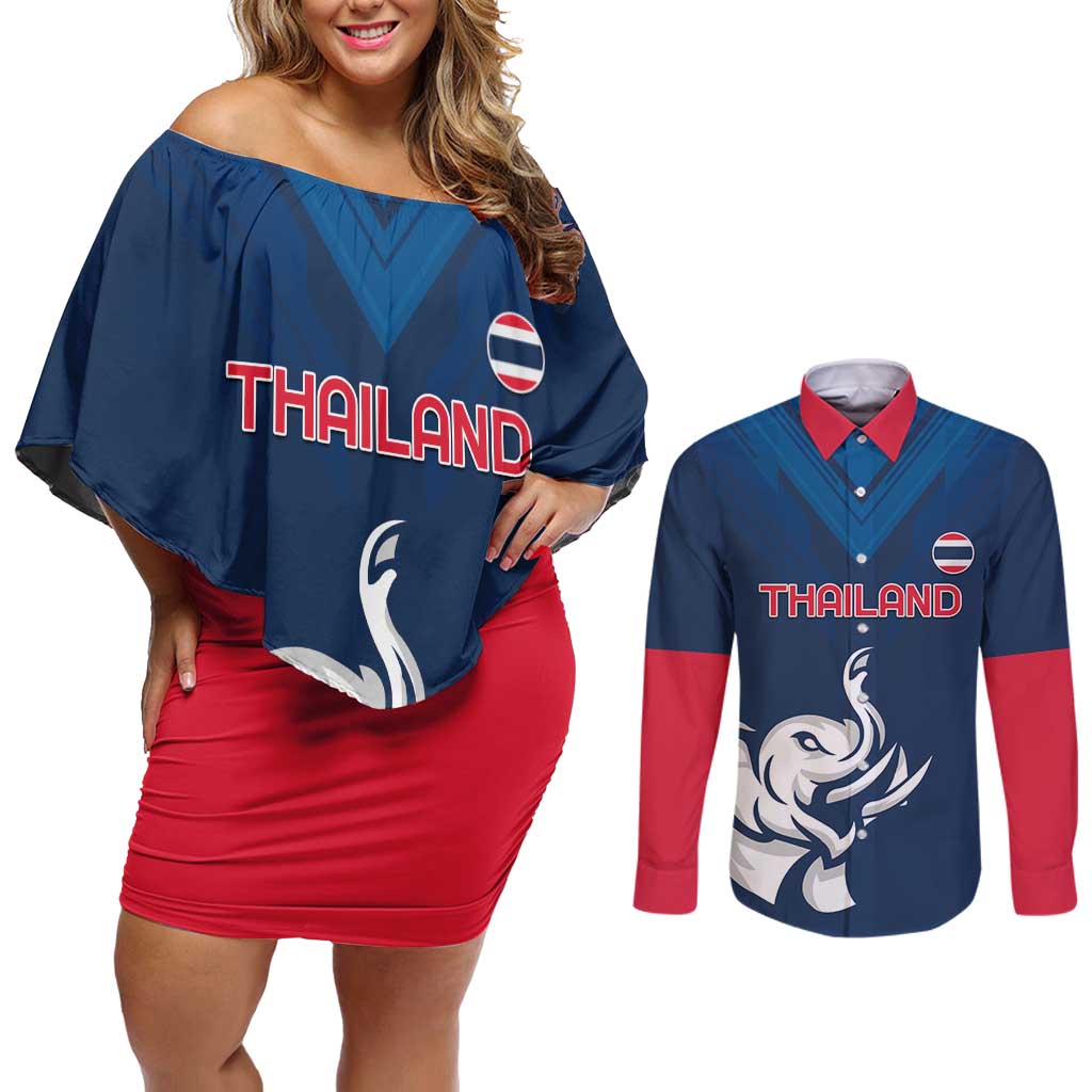 Custom Thailand Football Couples Matching Off Shoulder Short Dress and Long Sleeve Button Shirt Go Champions - Wonder Print Shop