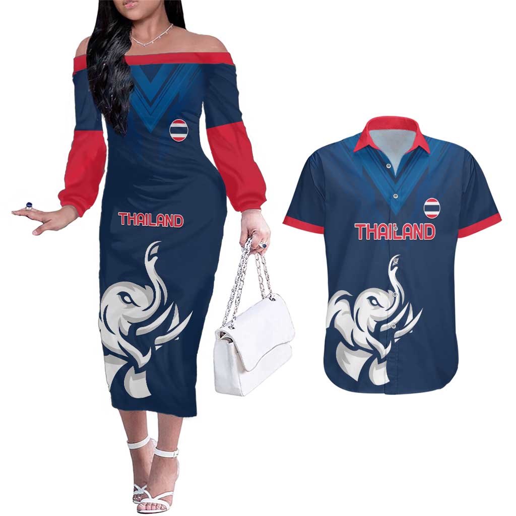 Custom Thailand Football Couples Matching Off The Shoulder Long Sleeve Dress and Hawaiian Shirt Go Champions - Wonder Print Shop