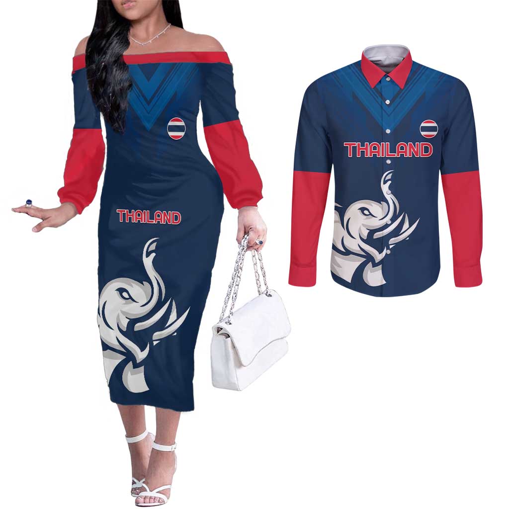 Custom Thailand Football Couples Matching Off The Shoulder Long Sleeve Dress and Long Sleeve Button Shirt Go Champions - Wonder Print Shop