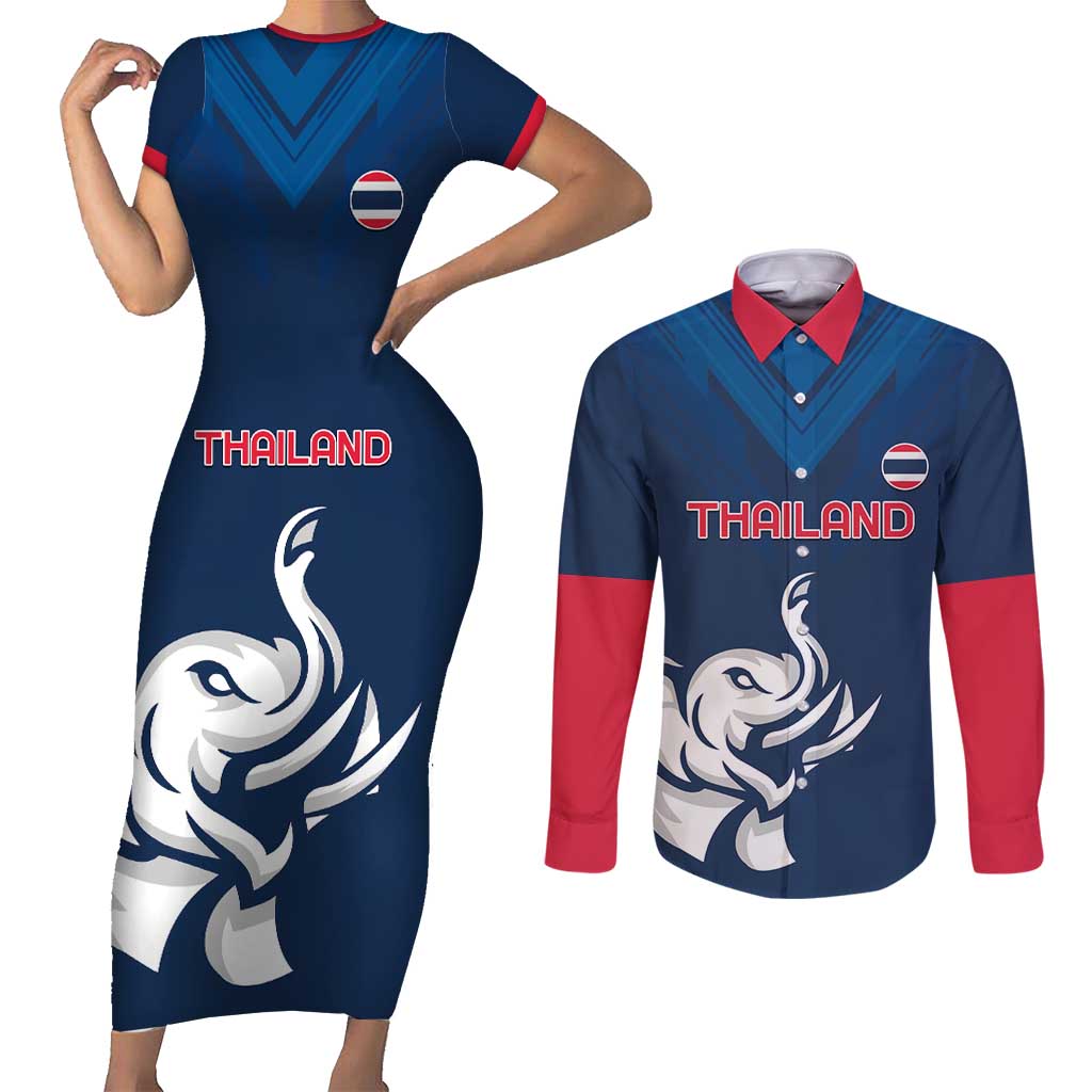 Custom Thailand Football Couples Matching Short Sleeve Bodycon Dress and Long Sleeve Button Shirt Go Champions - Wonder Print Shop
