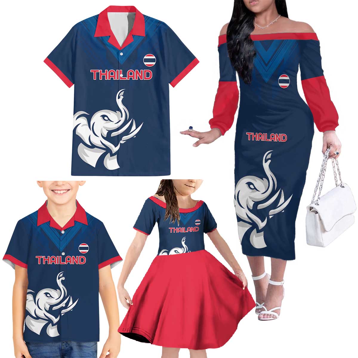 Custom Thailand Football Family Matching Off The Shoulder Long Sleeve Dress and Hawaiian Shirt Go Champions - Wonder Print Shop
