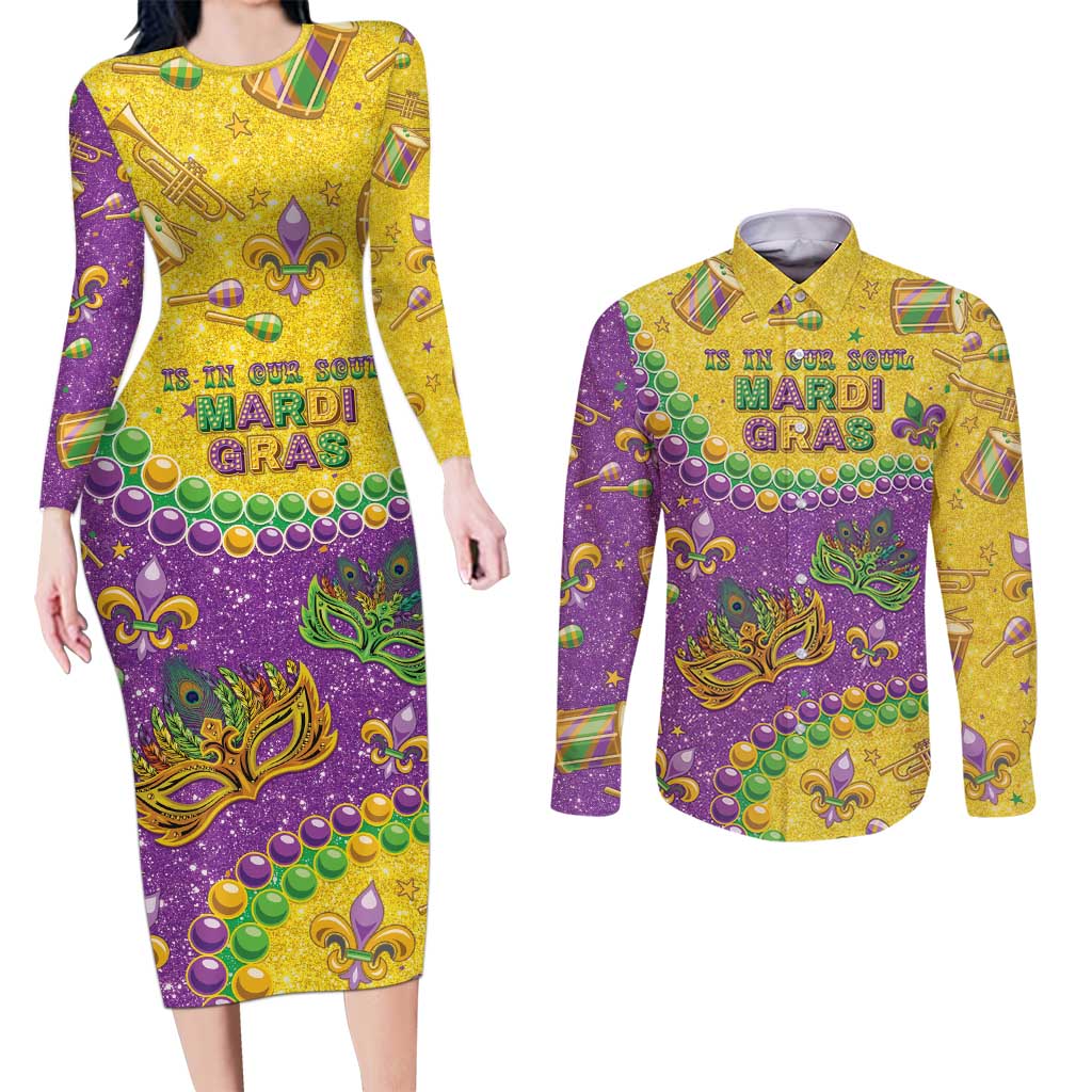 Mardi Gras Is In Our Soul Couples Matching Long Sleeve Bodycon Dress and Long Sleeve Button Shirt Glitter Style