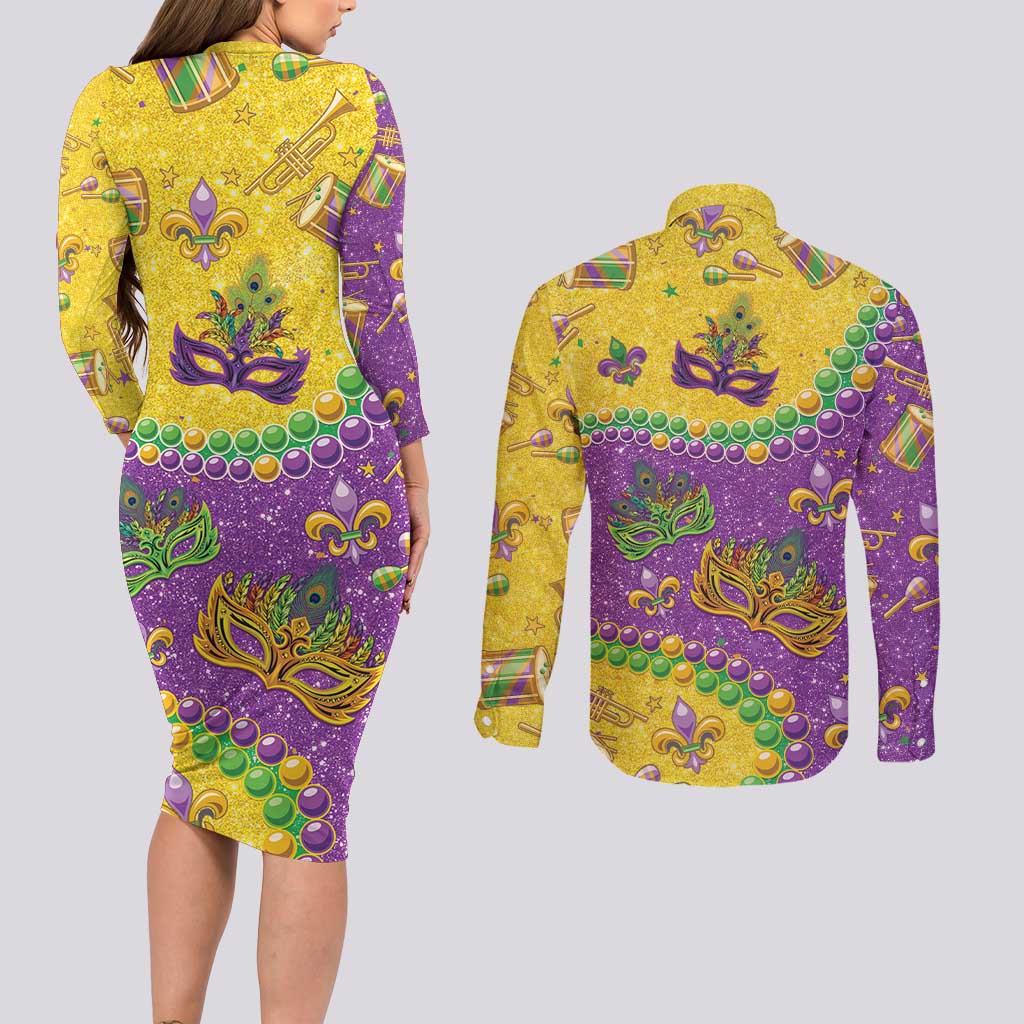 Mardi Gras Is In Our Soul Couples Matching Long Sleeve Bodycon Dress and Long Sleeve Button Shirt Glitter Style